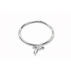 Open Bangle Bracelet w/ Bow & Bell Charms | Minimalist Cuff Stamped 999 Silver